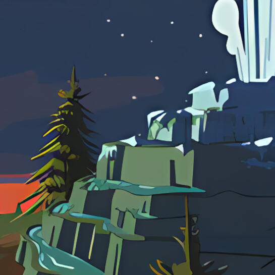 a cropped version of the official outer wilds timber hearth postcard, showing geysers against a background of a starry sunset.